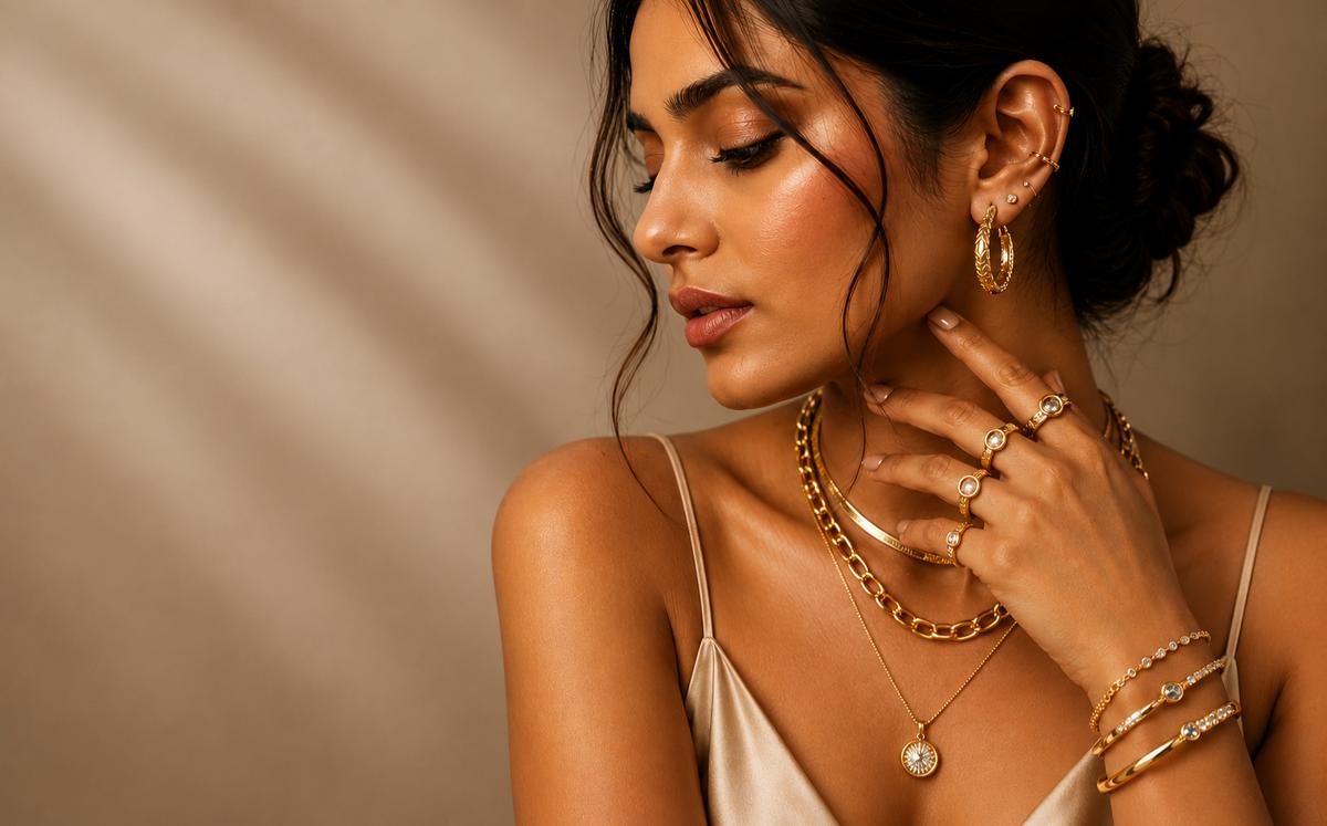 Gold jewellery styled on a model